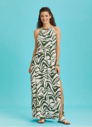 Double Front Slit Detail Decollete Green Dress