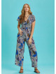 Half Sleeve Blue Patterned Bohemian Jumpsuit