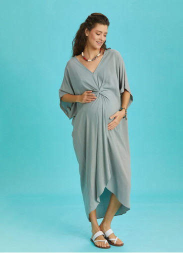 Twist Front Loose Green Bat Wing Maternity Dress