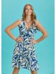 Bohemian Style Double Breasted V-Neck Blue Patterned Dress