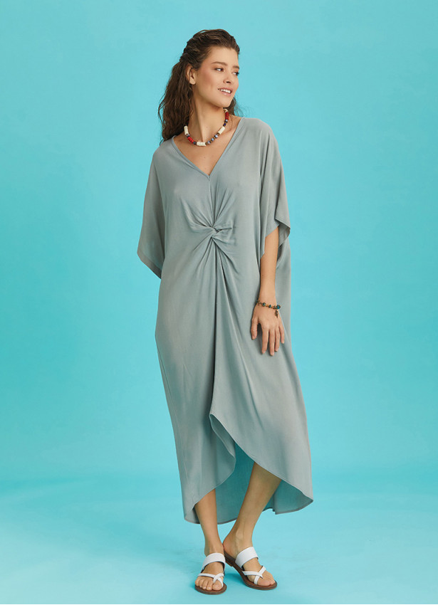 Twist Front Loose Green Bat Wing Dress