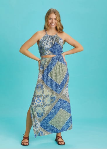 Open Back Halter Neck Blue Printed Slit Sundress