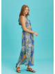 Open Back Halter Neck Blue Printed Slit Sundress