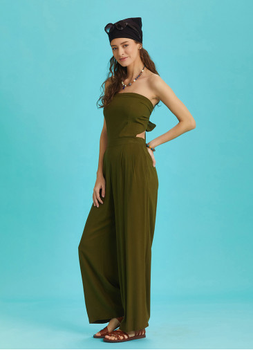 Khaki Wide Leg Strapless Overall