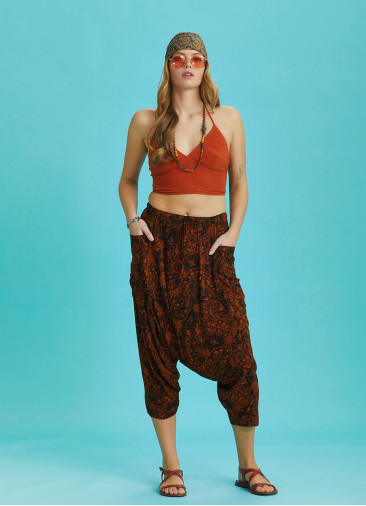 Orange Patterned Elastic Waist Capri Harem Pants