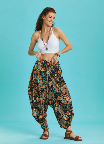 Draped Elastic Waist Floral Print Hippie Pants