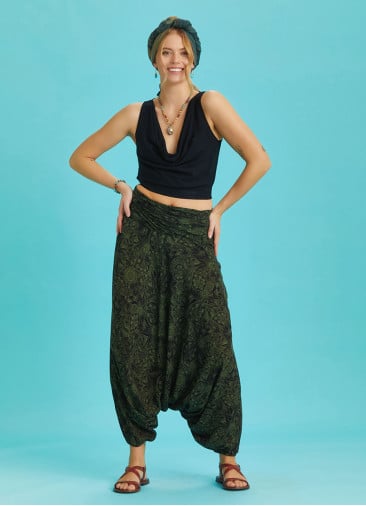 Draped Front Detail Elastic Waist Green Patterned Salwar Pants