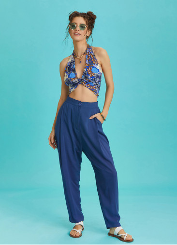 Boho Chic Shirred Back Tie Neck Halter Blue Crop Top