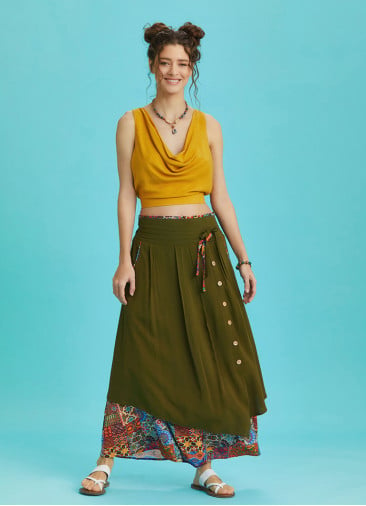 Double Layered Button Down Khaki Long Skirt