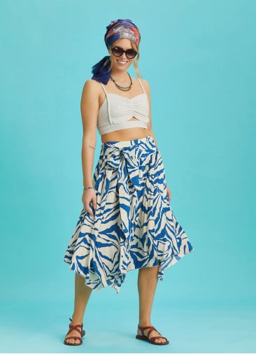 Blue Patterned Tie Waist Loose Midi Flared Skirt