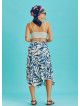 Blue Patterned Tie Waist Loose Midi Flared Skirt