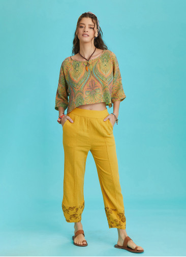 Rose Print Garnished Hem Detail Mustard Muslin Pants