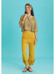 Rose Print Garnished Hem Detail Mustard Muslin Pants