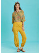 Rose Print Garnished Hem Detail Mustard Muslin Pants