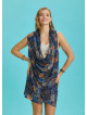 Loose Fit Wrap Front Cowl Neck Blue Tunic Dress