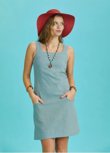 Square Neck Front Pocket Strappy Blue Dress