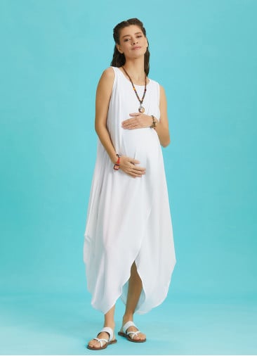 Sleeveless Front Layered White Baggy Maternity Dress