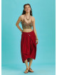 Button Closure Wrap Front Red Pleated Midi Skirt