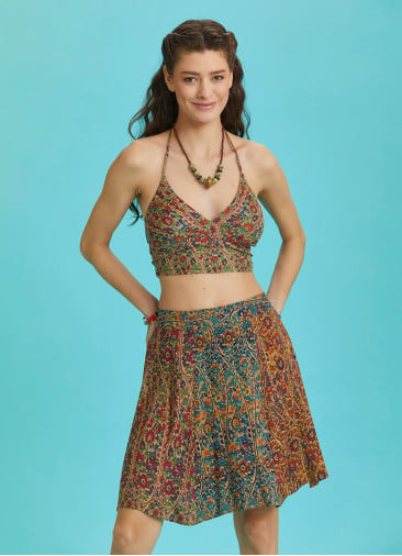 Gathered Tie Back Bust Cup Halter Print Crop Top