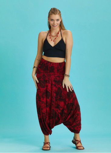 Red Print Wide Shirred Waist Boho Style Harem Pants