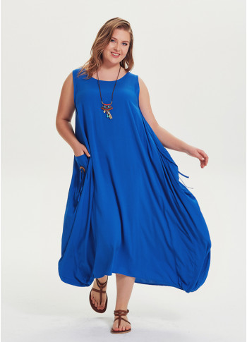 Oversize Buttoned Pockets Scoop Neck Bohemia Plus Size Maxi Dress