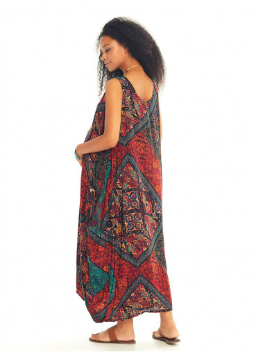 Ethnic Print Scoop Neck Loose Fit Boho Maternity Maxi Dress