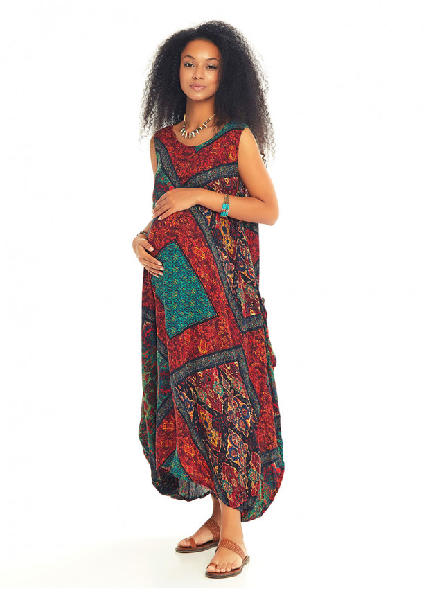 Ethnic Print Scoop Neck Loose Fit Boho Maternity Maxi Dress