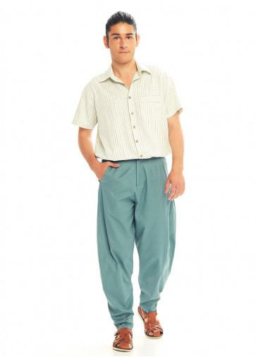 Blue Cotton Cropped Balloon Pants