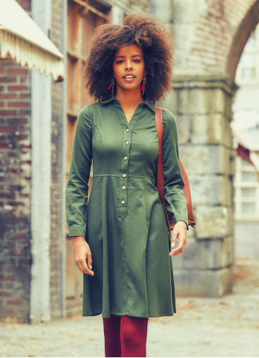 Shirt Collar Knee Lenght Long Sleeve Cotton Fit And Flare Dress