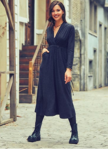 Front Yoke V Neckline Tie Waist Long Sleeve Winter Dress