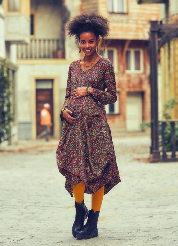 Retro Print V Neckline Long Sleeve Boho Style Maternity Dress