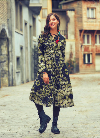 Batik Printing Long Sleeve Mandarin Collar Tunic Dress