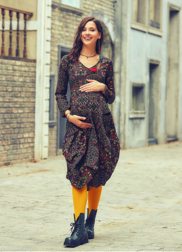 V Neck Tie Waist Boho Style Long Sleeve Cotton Maternity Dress