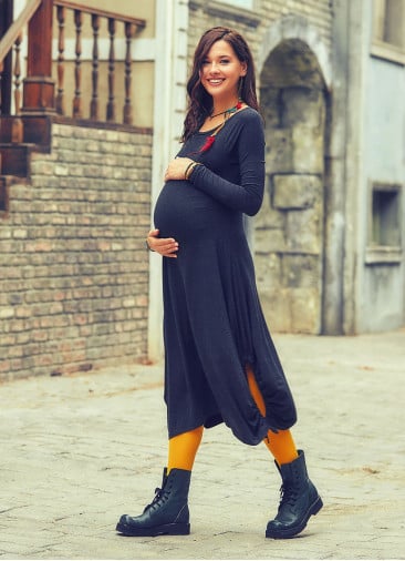 Boat Neck Thumb Hole Detailed Long Sleeve Pregnancy Maxi Dress