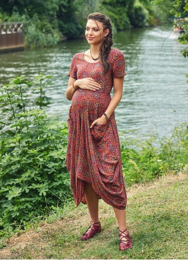 Retro Print Half Sleeve Round Neck Long Bohemian Maternity Dress