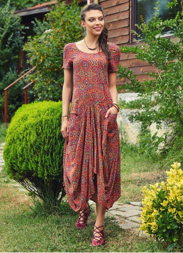 Ethnic Print Round Neck Half Sleeve Long Dress