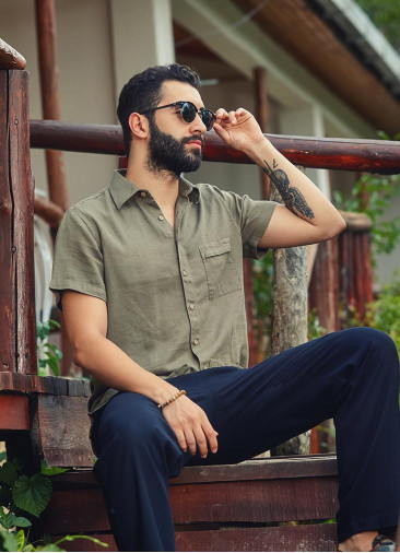 Bohemian Style Button Down Cotton Half Sleeve Mens Pocket Shirt