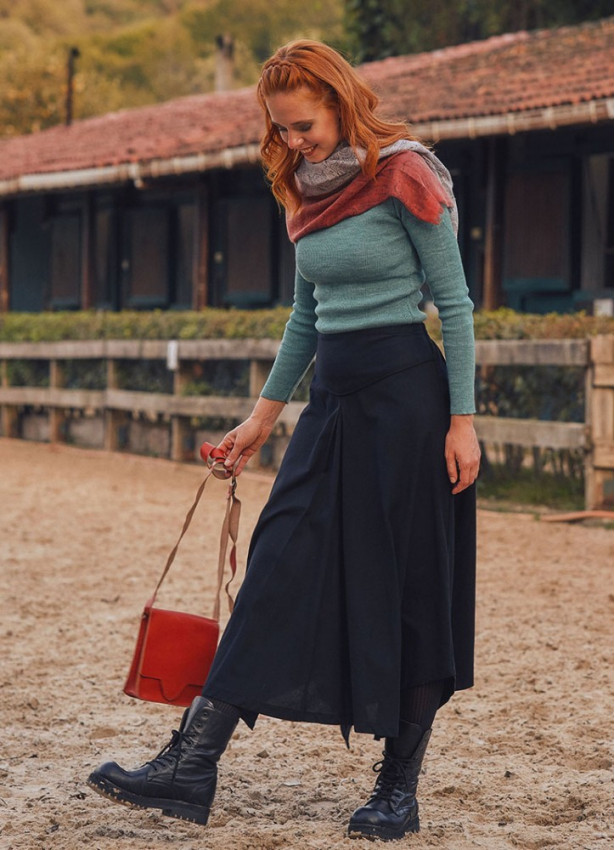 Binding Detail Waistband Asymmetrical Hem Flared Black Midi Skirt