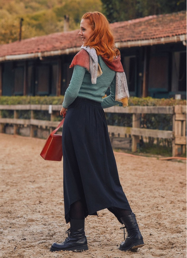 Binding Detail Waistband Asymmetrical Hem Flared Black Midi Skirt