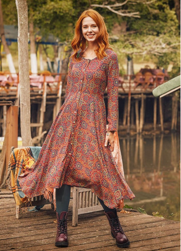 Retro Print Asymmetrical Hem Button Down Long Sleeve Dress