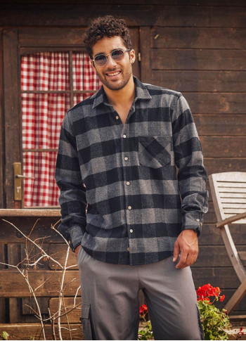 Long Sleeve Button Detailed Mens Grey Buffalo Plaid Shirt