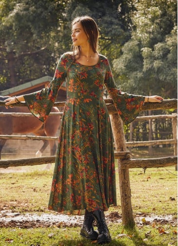 Boat Neck Green Floral Gypsy Style Long Dress