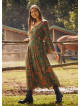 Boat Neck Green Floral Gypsy Style Long Dress