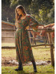 Boat Neck Green Floral Gypsy Style Long Dress