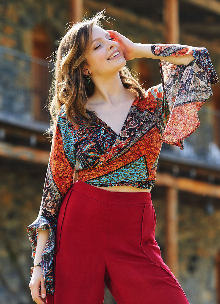 Brown Patterned Gypsy Style Bell Sleeve Crop Top | Wholesale Boho Clothing
