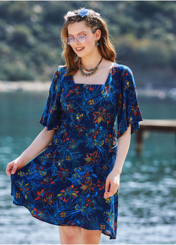 Floral Printed Square Neck Boho Short Dress