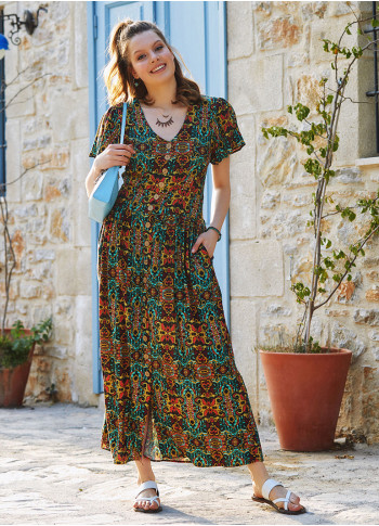 Ethnic Print Half Sleeve Bohemian Shirtwaist Maxi Dress