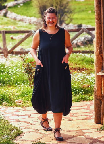 Sleeveless Buttoned Side Pockets Wholesale Plus Size Black Dress