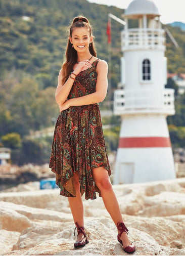 Paisley Asymmetrical Hem Sleeveless Summer Dress