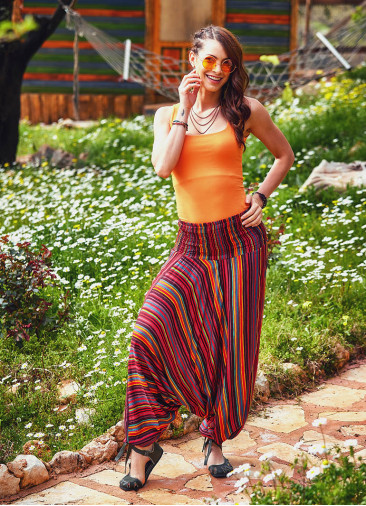 Shirred Wide Waistband Hippie Style Wholesale Striped Harem Pants